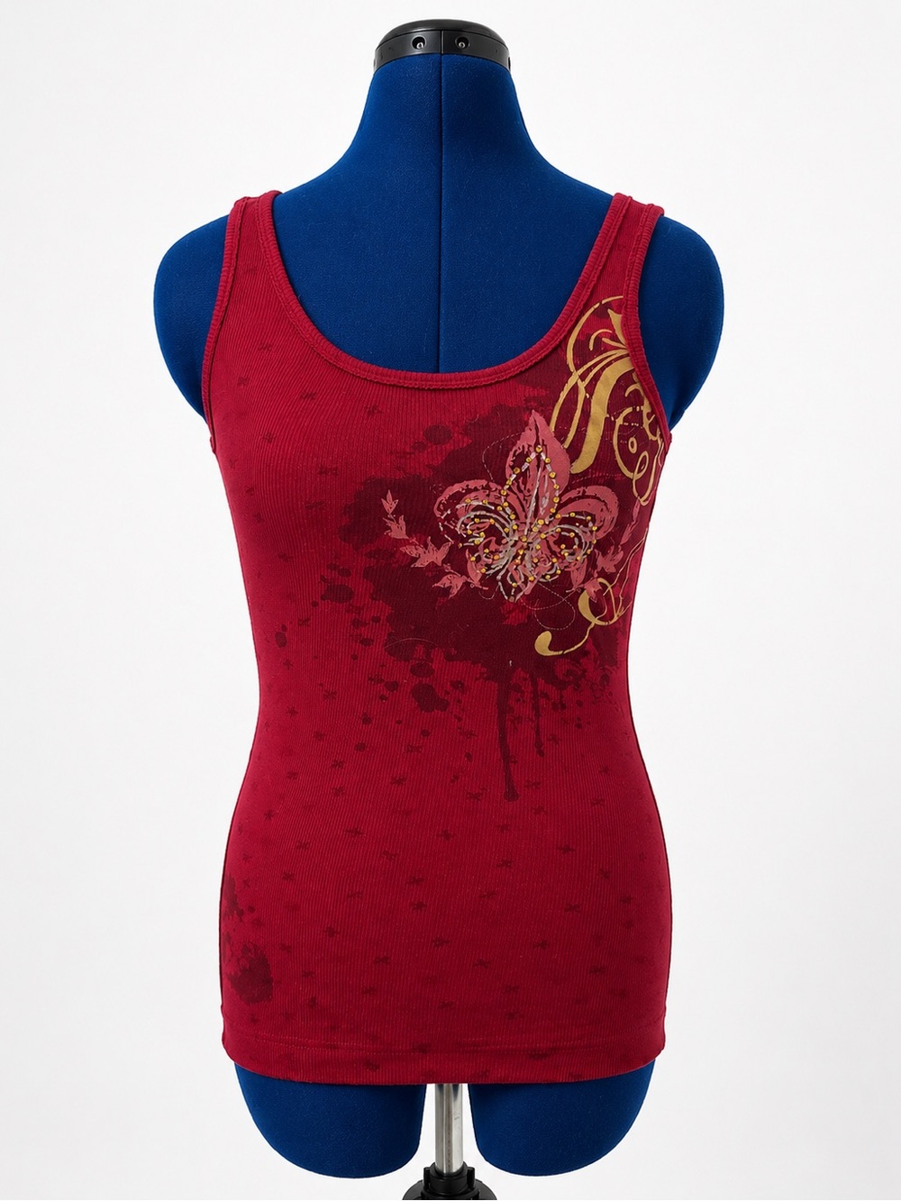 Wear It Declare It Burgundy Butterfly Rhinestone Ribbed Tank Top Size M